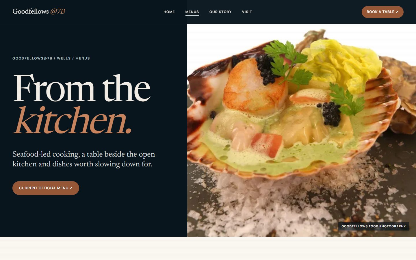 Desktop menu page with seafood photography and direct access to the current official menu