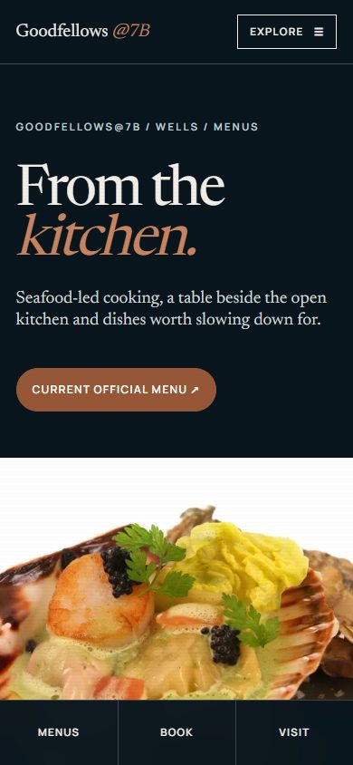 Mobile menu page with clear title, food image and official menu link