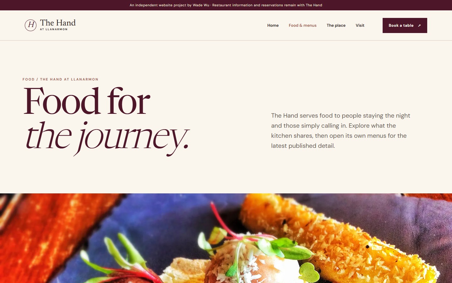 Desktop food and menu page for The Hand