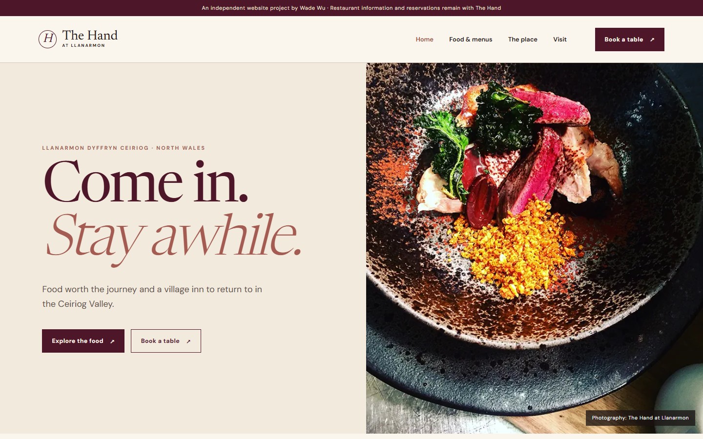 Desktop homepage for The Hand at Llanarmon website project